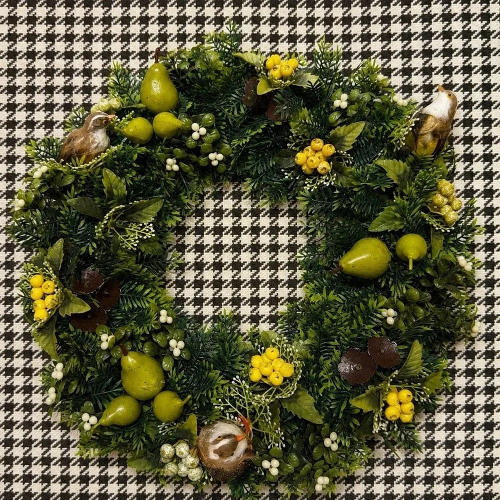 Vintage Fall Wreath Faux Pears Berries Feather Birds Greenery Autumn Decor